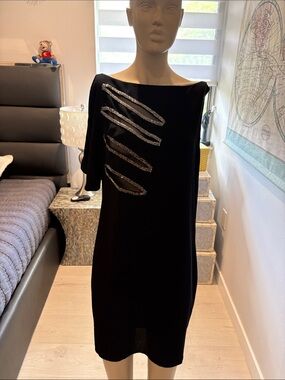 Black Midi Dress with Silver Sequin Stripes - Women's Boatneck Shift